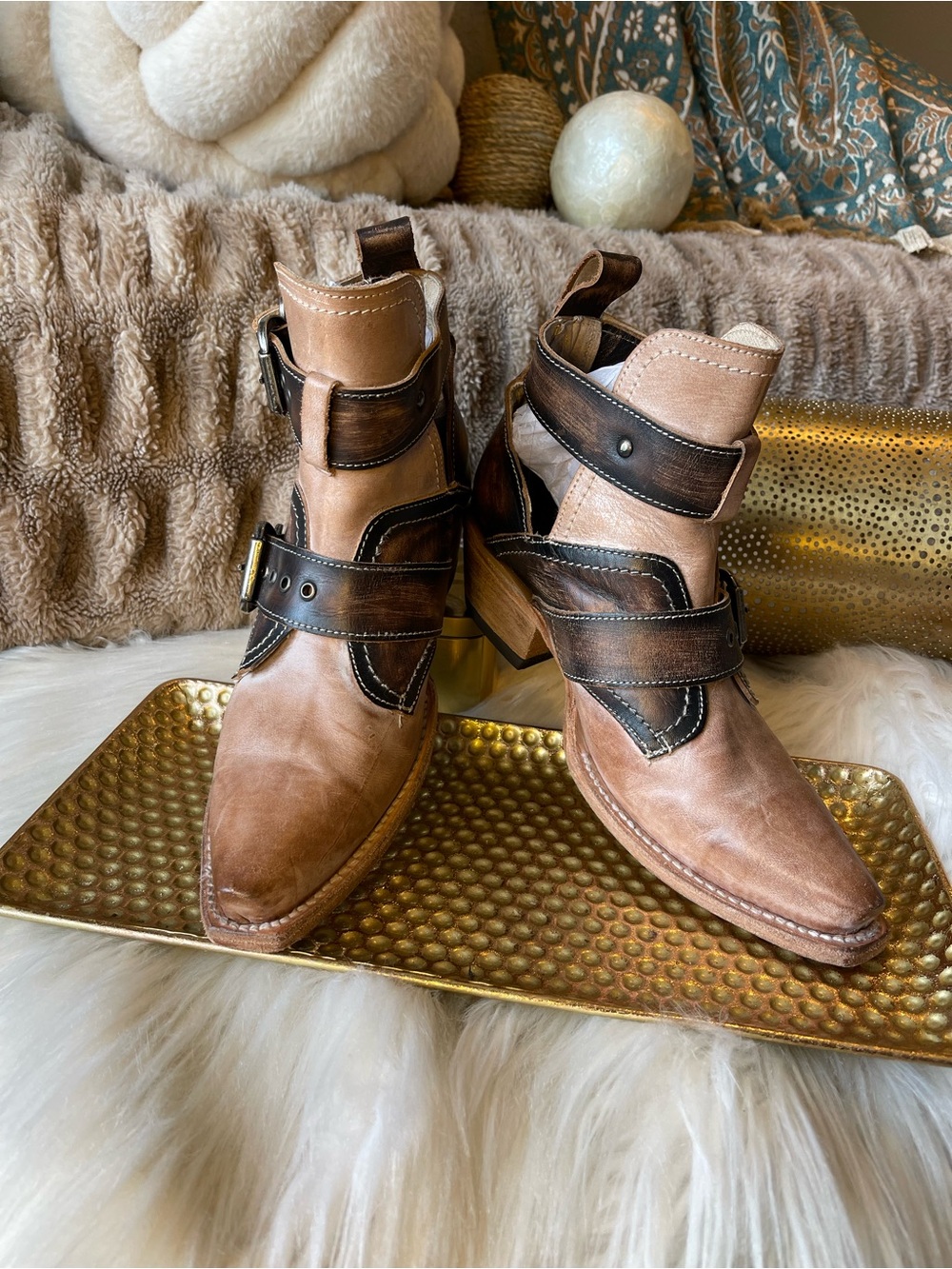 Freebird Mayhem western bootie in Taupe/Distressed Brown Leather Straps